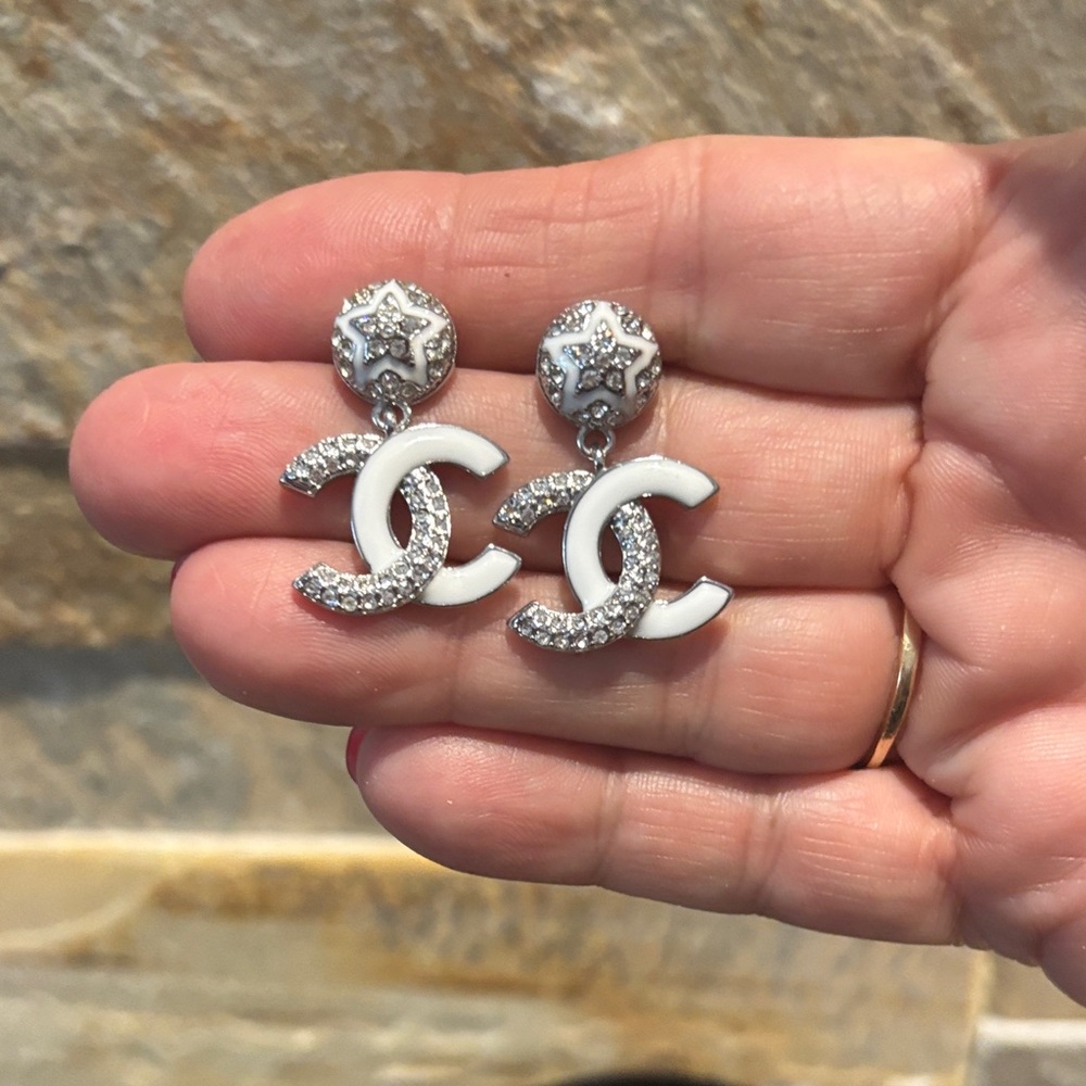 White and Silver CC Sparkle Star Earrings